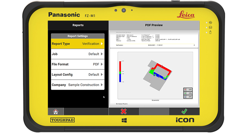 Captura de tela do software Leica iCON build criando um relatório em PDF de um fluxo de trabalho de verificação que seleciona áreas dentro e fora da tolerância.